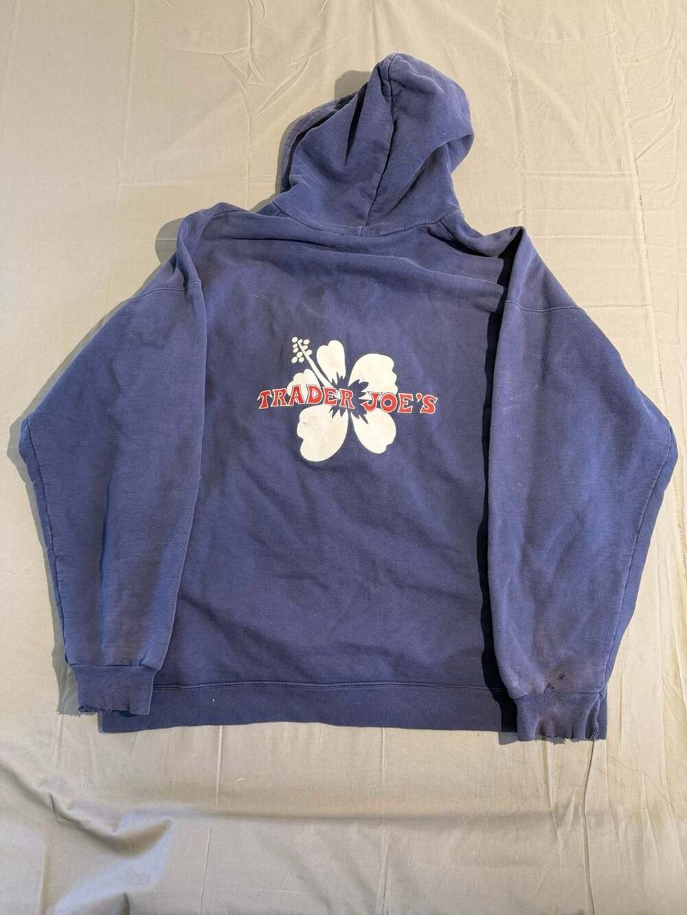 Hanes Trader Joe's Hibiscus Full Zip Hoodie Navy Blue Distressed